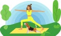 A young cute girl with a dog is doing yoga in the park. Happy pet owner. Royalty Free Stock Photo